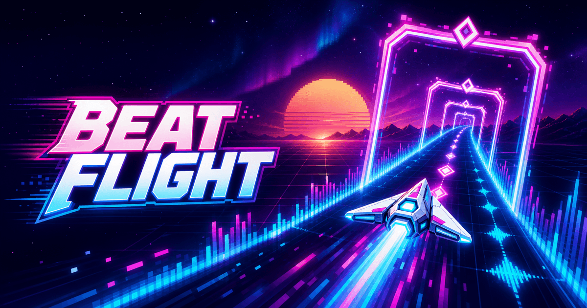BeatFlight game artwork showing a neon spacecraft flying through music-reactive gates